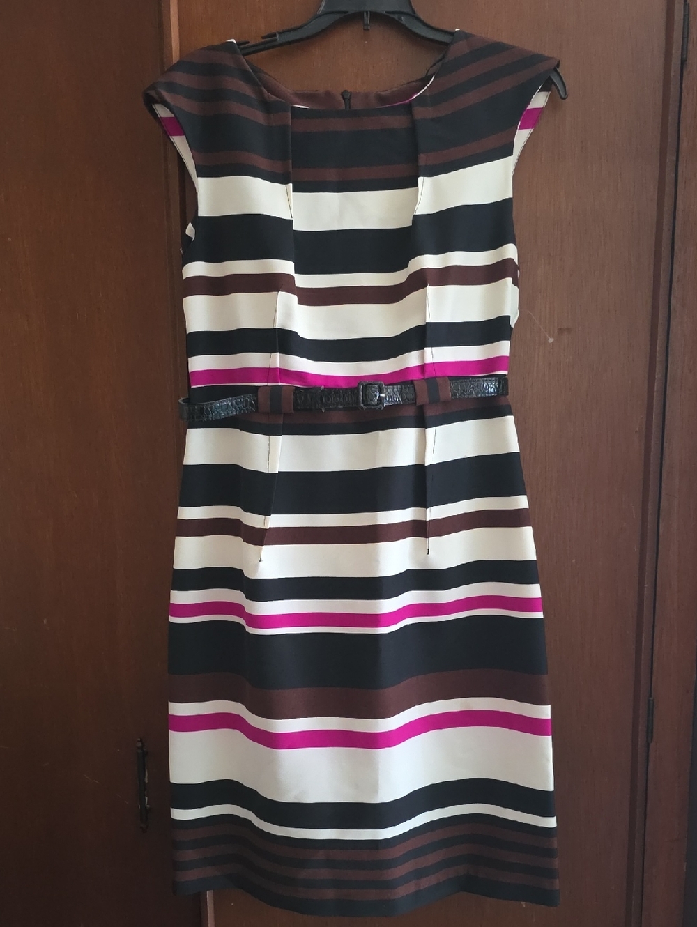 Emma & Michele Striped Midi Sheath Dress in Cream, Black, Brown & Pink Sz 8 NWT